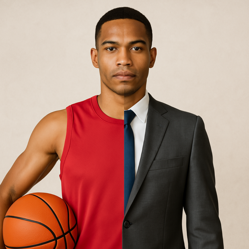 A man going from college athlete to salesman